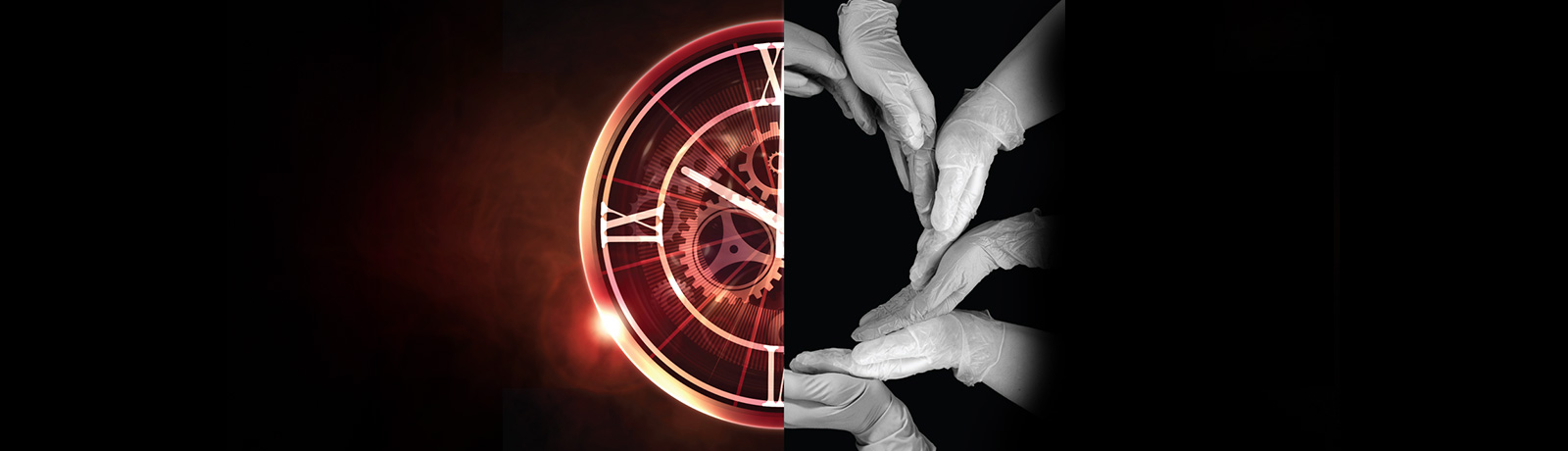 clock and gloved hands working as a team