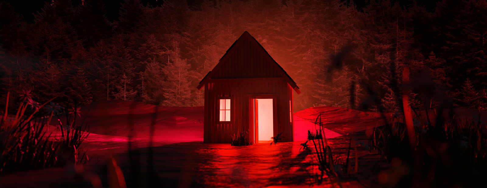 Spooky red cabin in the woods