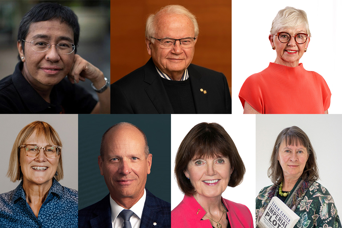 The seven honorary doctorate recipients pose in their respective headshots