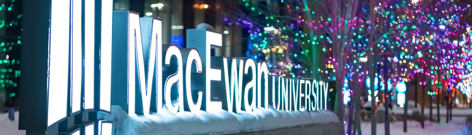 Campus photo of MacEwan University sign with Christmas lights in the background