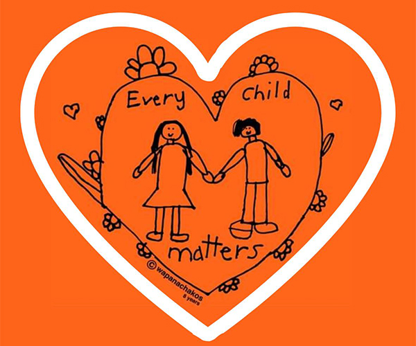 A drawing of two children holding hands in a heart imposed on an orange background