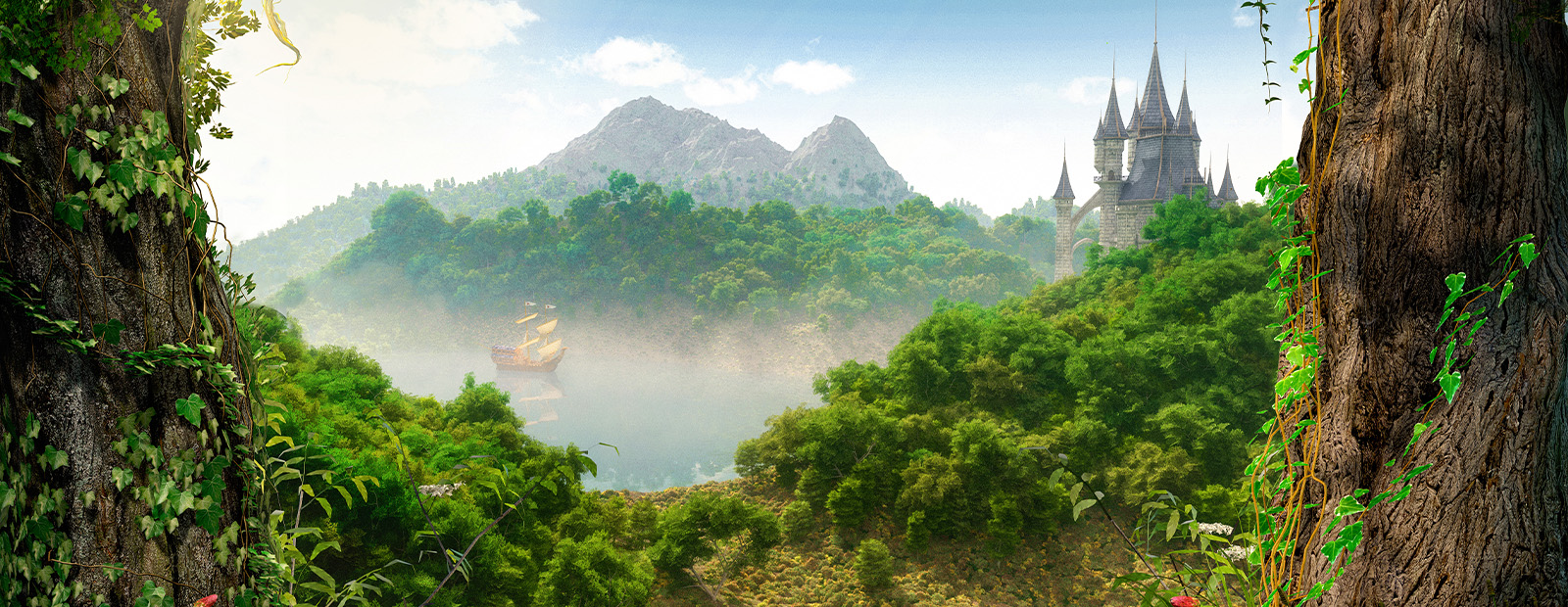 An illustration of a far-off mountain peak, viewed through bright green grasses and tree leaves in the foreground.