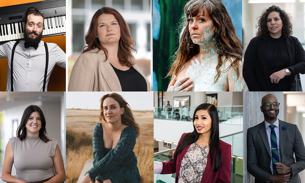 A collage of headshots of 8 MacEwan alumni