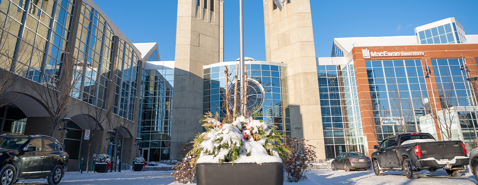 A shot of the clock towers on campus during the winter