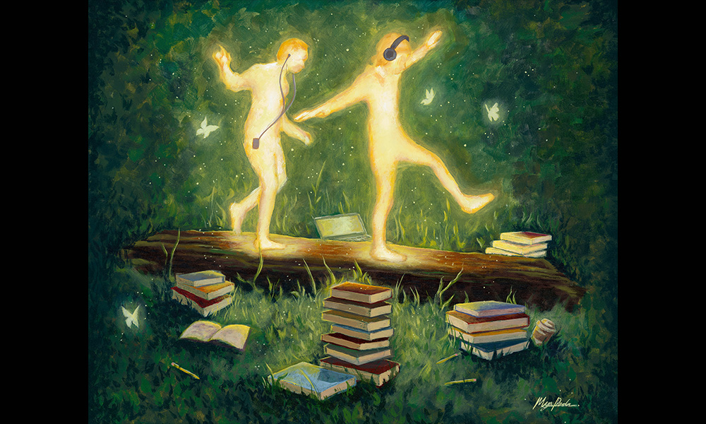 An artwork of two people crossing a bridge with books underneath.