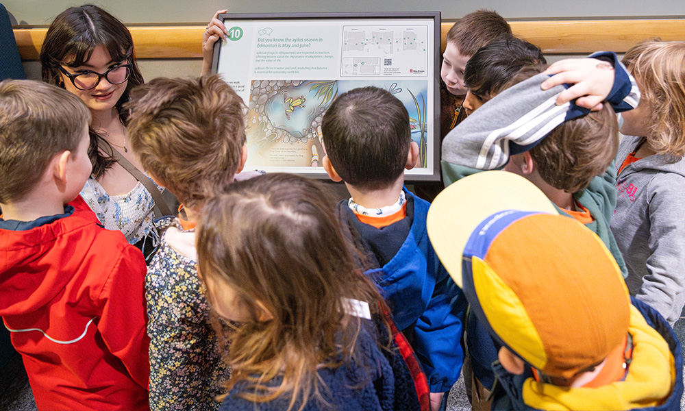 Children gather around a display with a colourful page from a children's book.