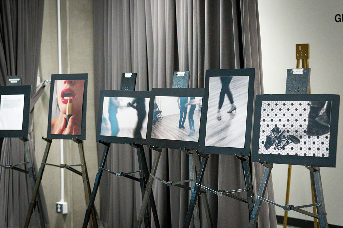 A photo gallery displayed on easels shows a woman's progression through a night of dancing.