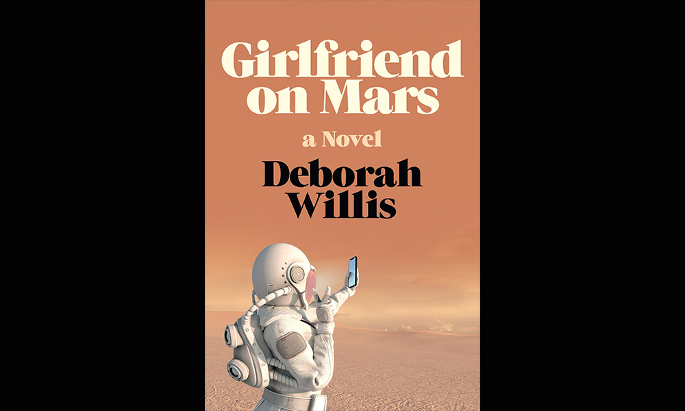 The cover of Girlfriend on Mars, where a person in a spacesuit takes a selfie.