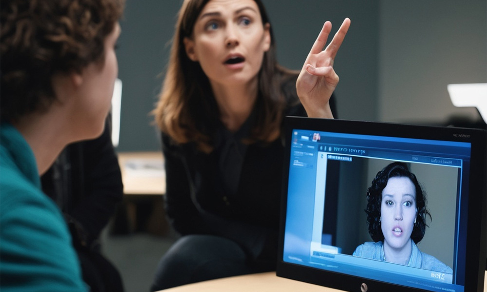 An ai-generated image of a student looking at another person in a computer monitor while a professor guides them from beside.