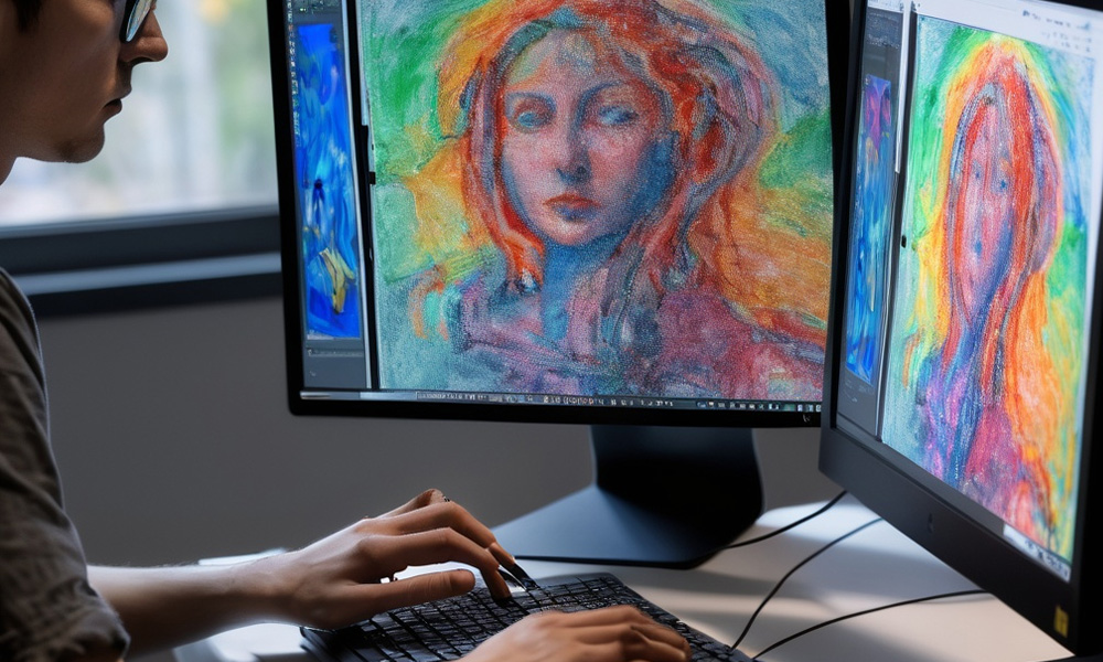 An ai-generated image of a person creating a portrait on a computer screen.