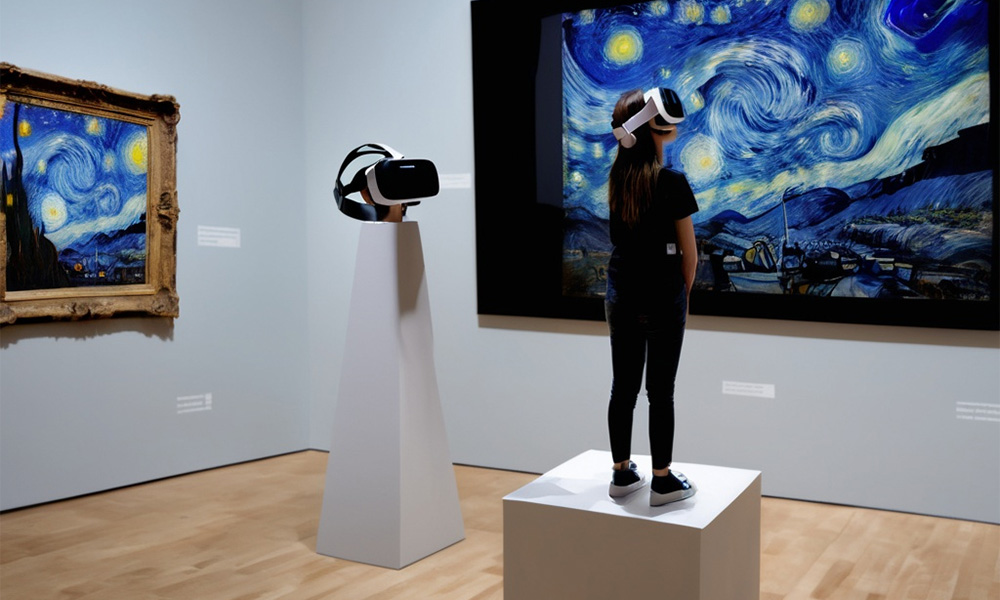 An ai-generated image of a person standing in the middle of a gallery of paintings wearing virtual reality goggles.