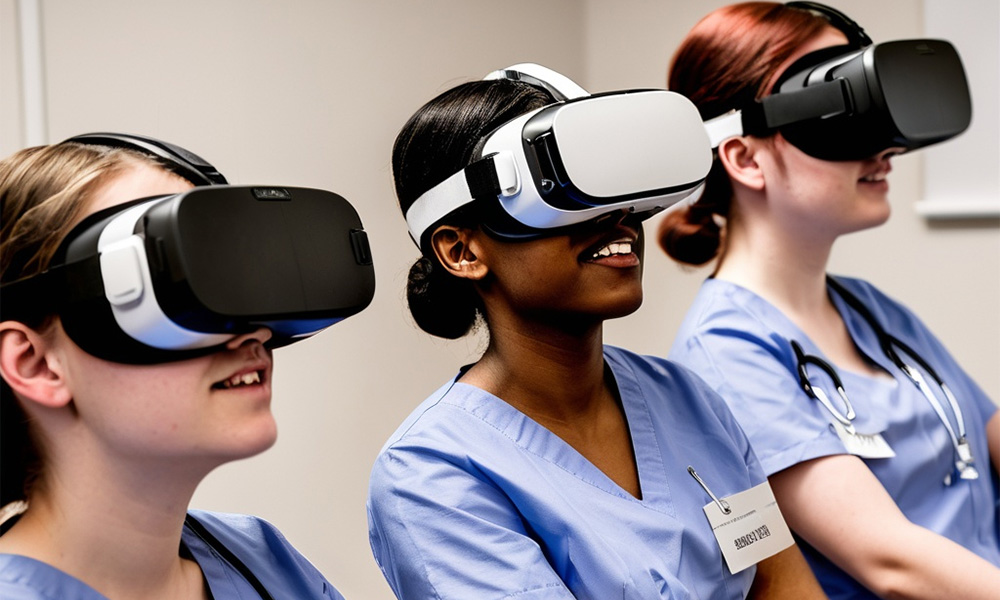 An ai-generated image of nursing students wearing scrubs and VR goggles