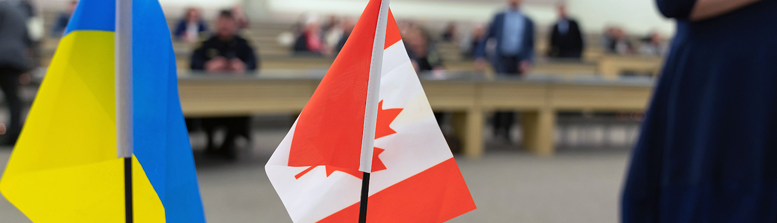 close up of canadian and ukrainian flags