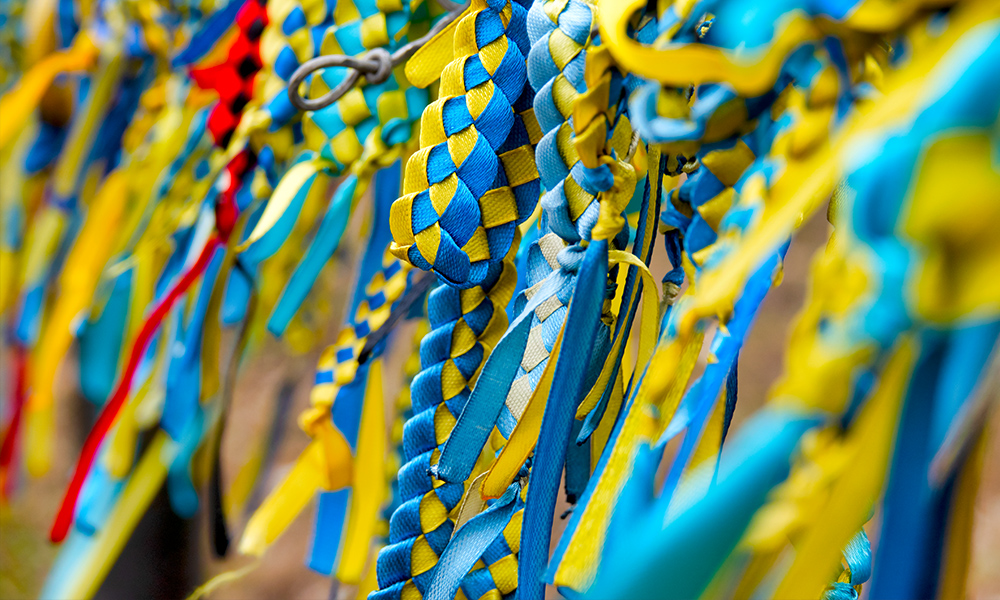 Braids made with fabric in yellow and blue representing the Ukrainian flag